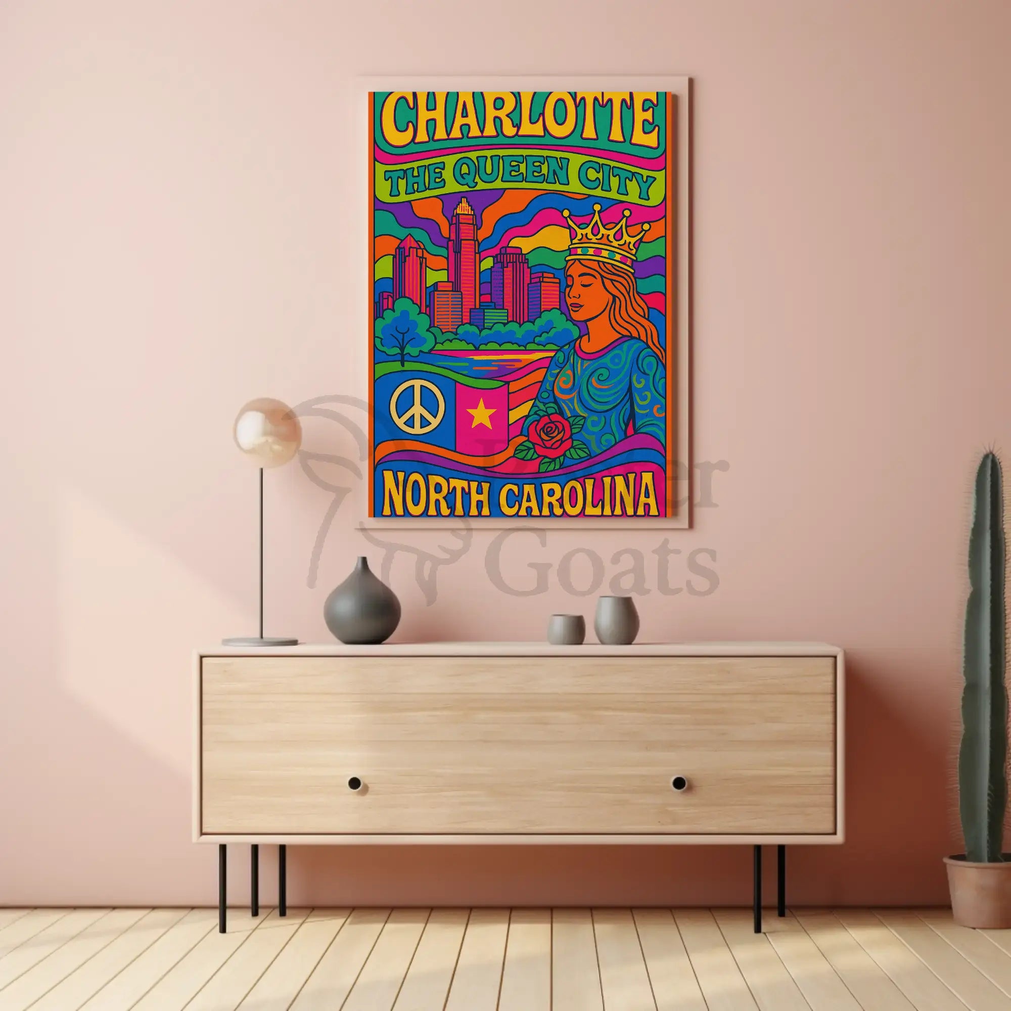 Charlotte's Vibrant Retro Queen City Art Poster PosterGoat