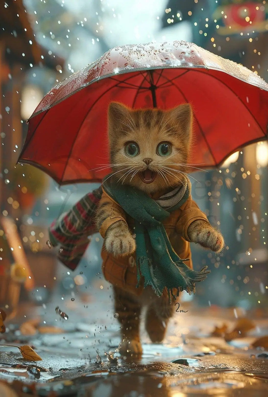 Charming Anthropomorphic Cat in Rainy Scene - Animal Poster PosterGoat