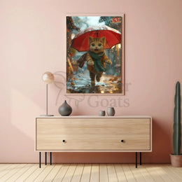 Charming Anthropomorphic Cat in Rainy Scene - Animal Poster PosterGoat