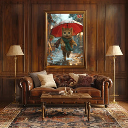 Charming Anthropomorphic Cat in Rainy Scene - Animal Poster PosterGoat