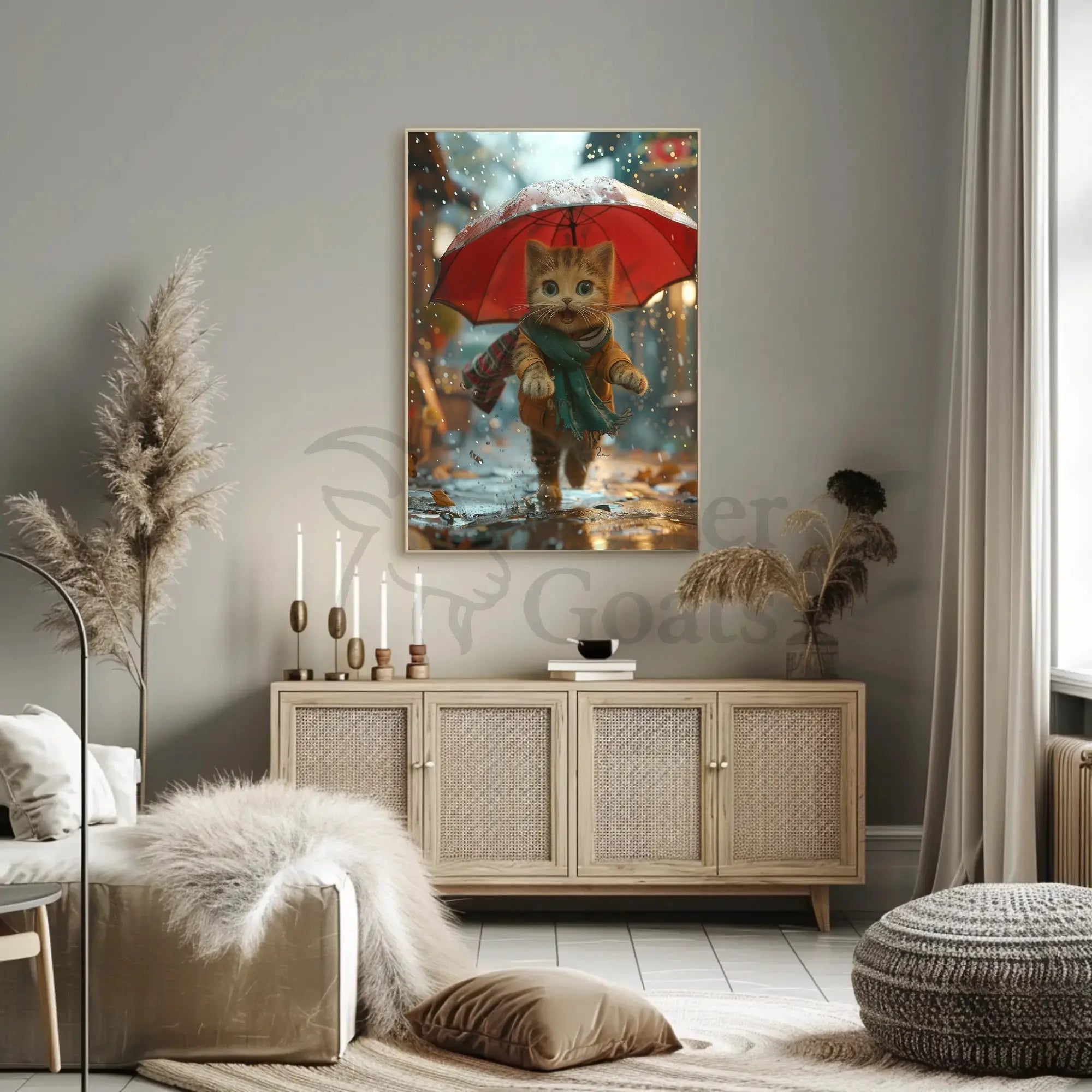 Charming Anthropomorphic Cat in Rainy Scene - Animal Poster PosterGoat