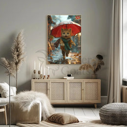 Charming Anthropomorphic Cat in Rainy Scene - Animal Poster PosterGoat