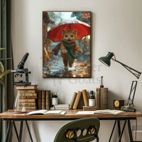 Charming Anthropomorphic Cat in Rainy Scene - Animal Poster PosterGoat