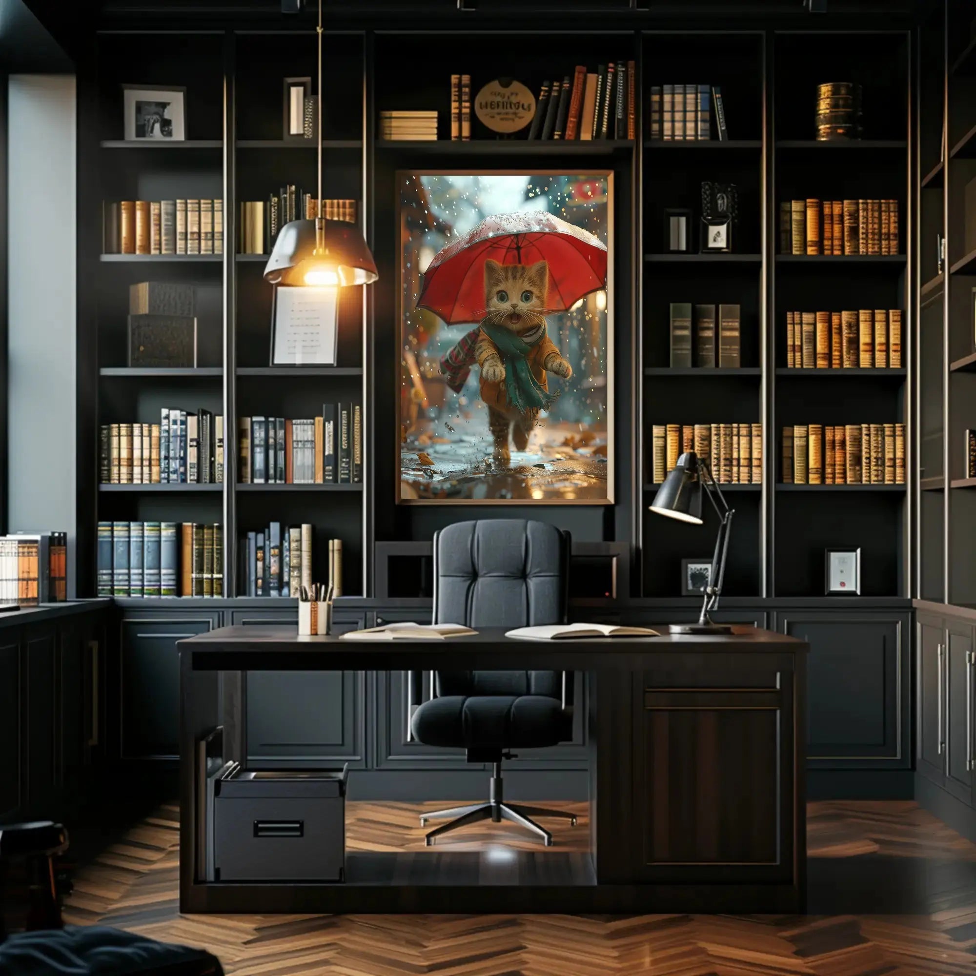 Charming Anthropomorphic Cat in Rainy Scene - Animal Poster PosterGoat