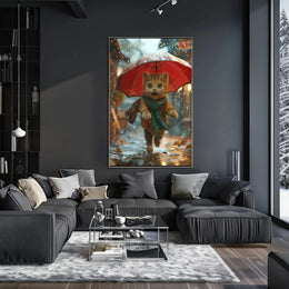 Charming Anthropomorphic Cat in Rainy Scene - Animal Poster PosterGoat