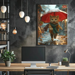 Charming Anthropomorphic Cat in Rainy Scene - Animal Poster PosterGoat