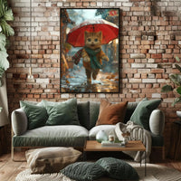 Charming Anthropomorphic Cat in Rainy Scene - Animal Poster PosterGoat