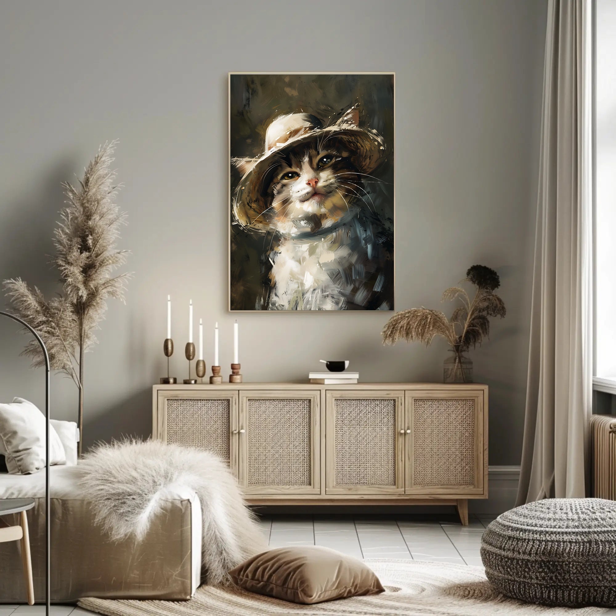 Charming Cat in Straw Hat Animal Poster PosterGoat