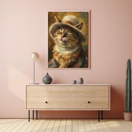 Charming Cat with Woven Hat Animal Poster PosterGoat