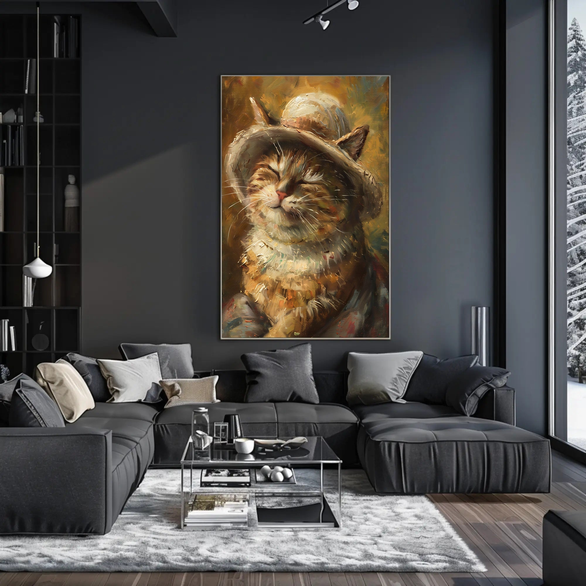 Charming Cat with Woven Hat Animal Poster PosterGoat