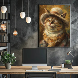 Charming Cat with Woven Hat Animal Poster PosterGoat