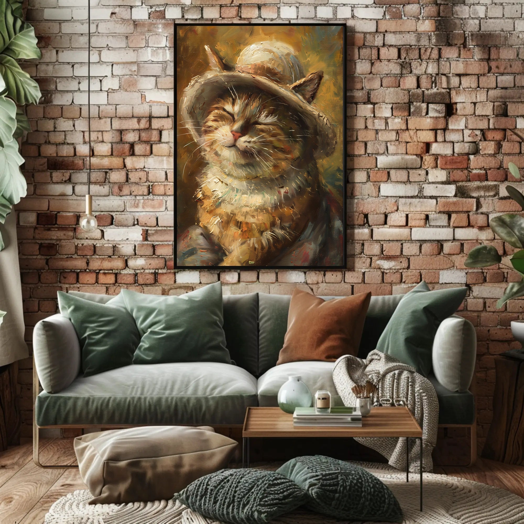 Charming Cat with Woven Hat Animal Poster PosterGoat