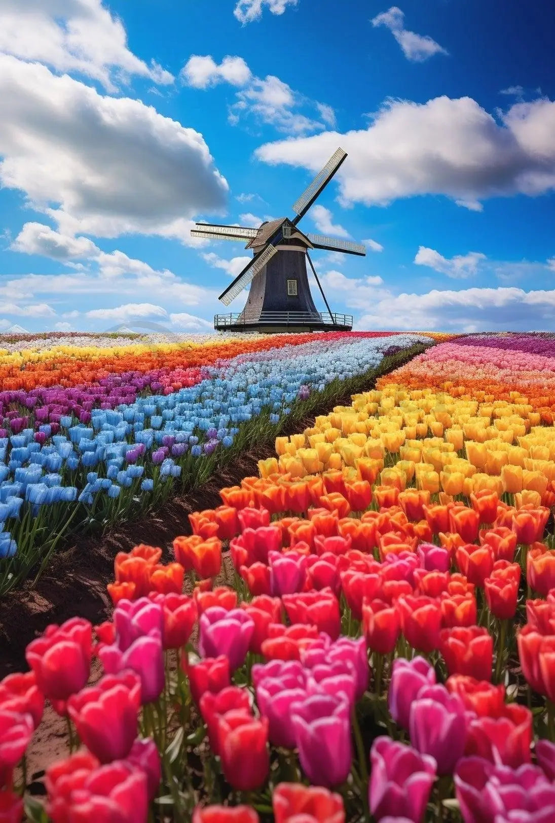 Charming Dutch Windmill in Blooming Tulip Fields Poster PosterGoat