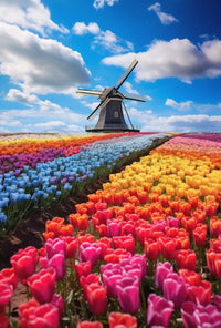 Charming Dutch Windmill in Blooming Tulip Fields Poster PosterGoat