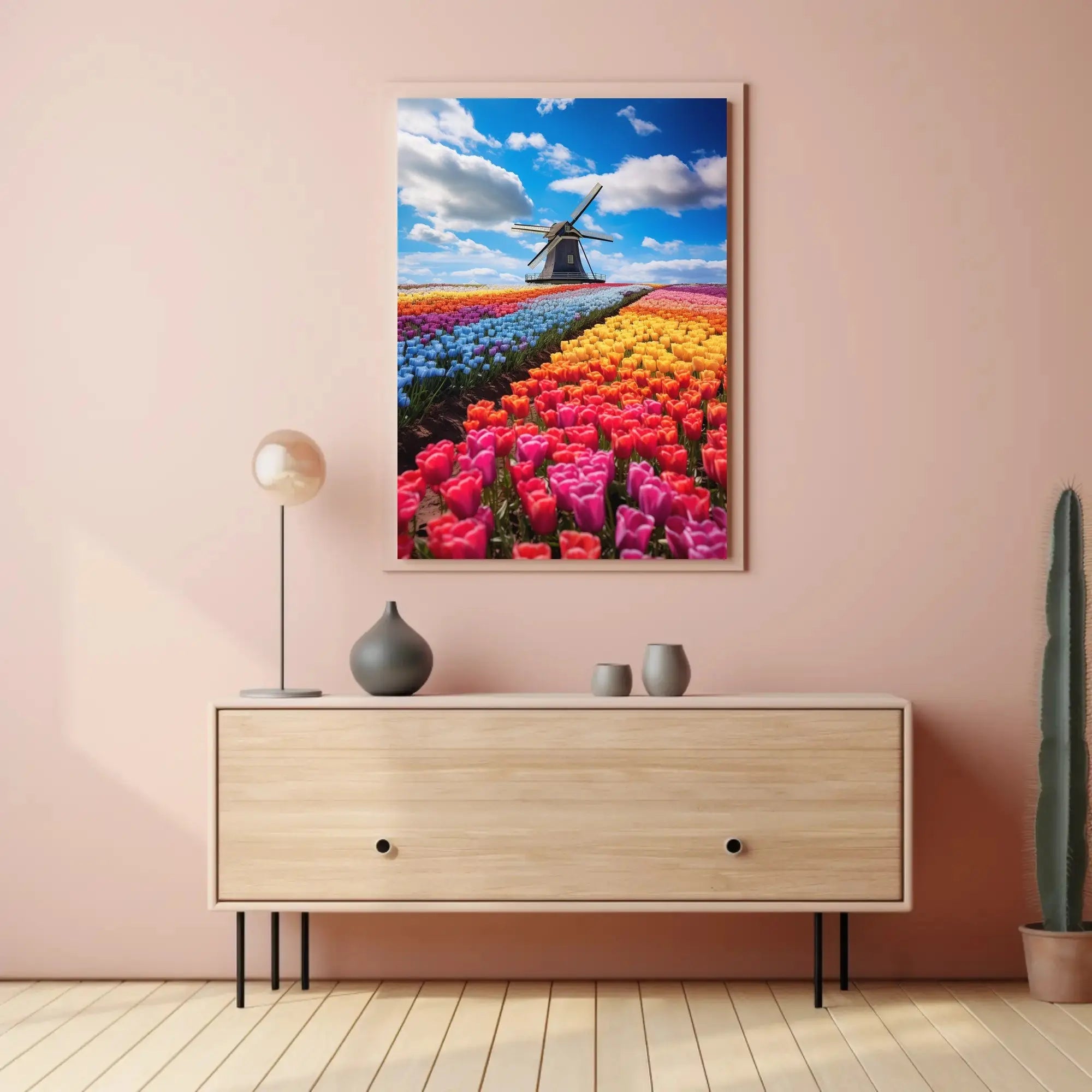 Charming Dutch Windmill in Blooming Tulip Fields Poster PosterGoat