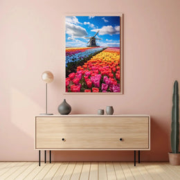 Charming Dutch Windmill in Blooming Tulip Fields Poster PosterGoat