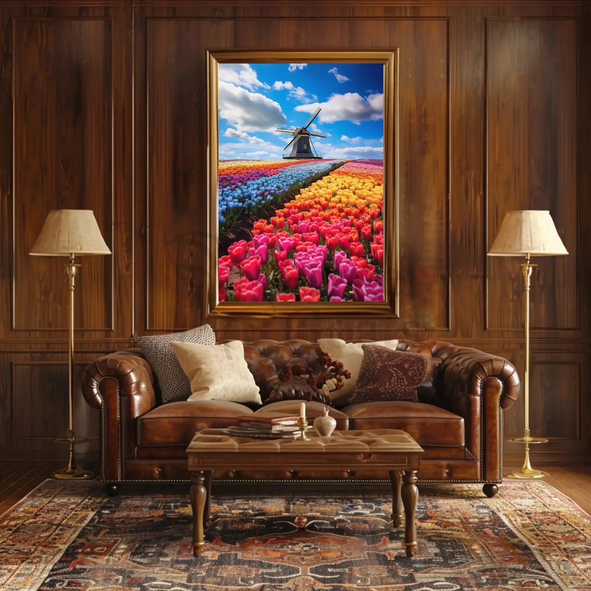 Charming Dutch Windmill in Blooming Tulip Fields Poster PosterGoat