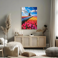 Charming Dutch Windmill in Blooming Tulip Fields Poster PosterGoat
