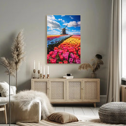 Charming Dutch Windmill in Blooming Tulip Fields Poster PosterGoat