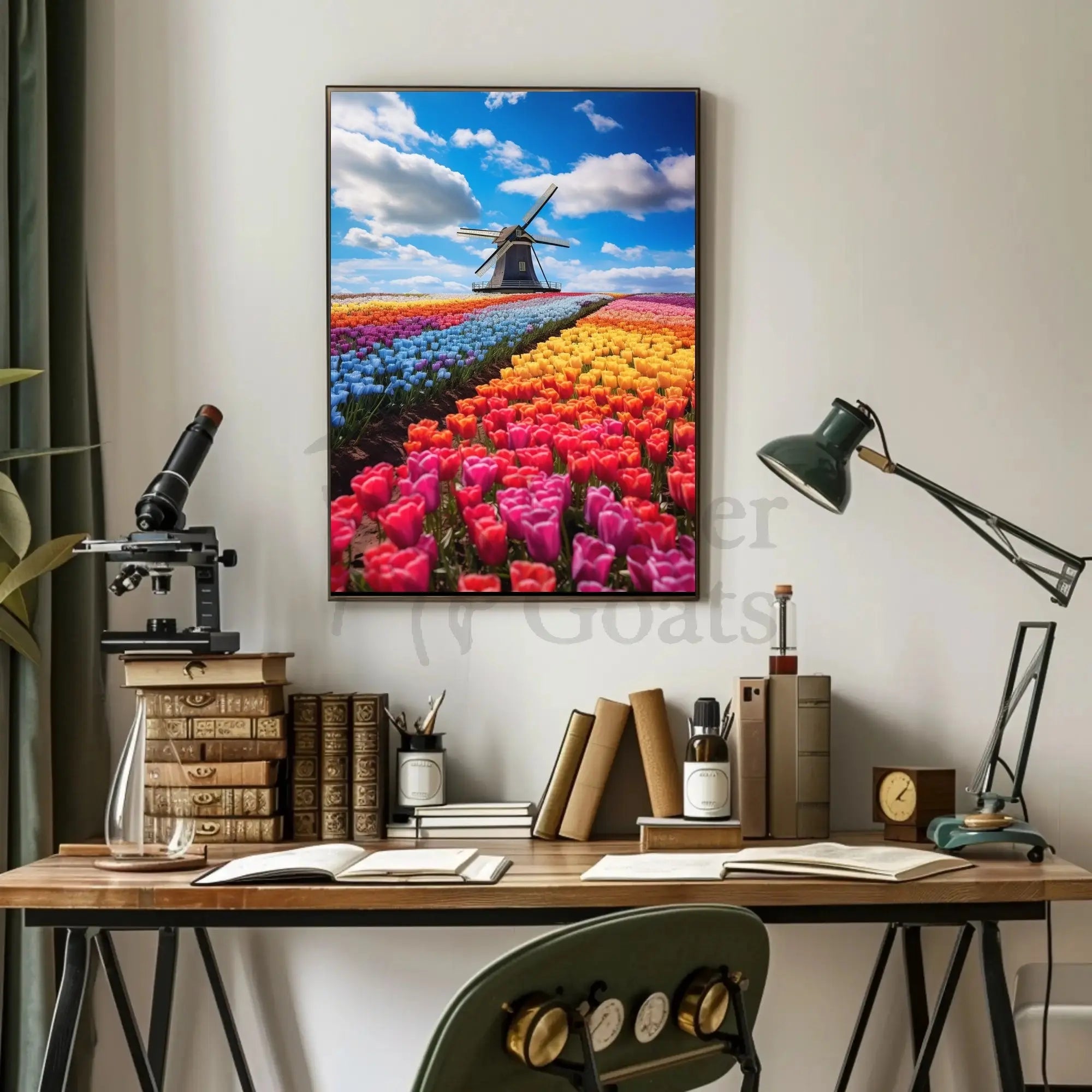 Charming Dutch Windmill in Blooming Tulip Fields Poster PosterGoat