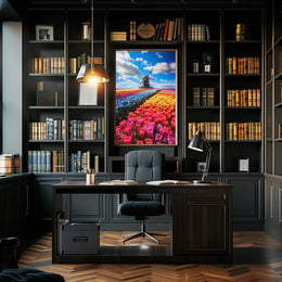 Charming Dutch Windmill in Blooming Tulip Fields Poster PosterGoat