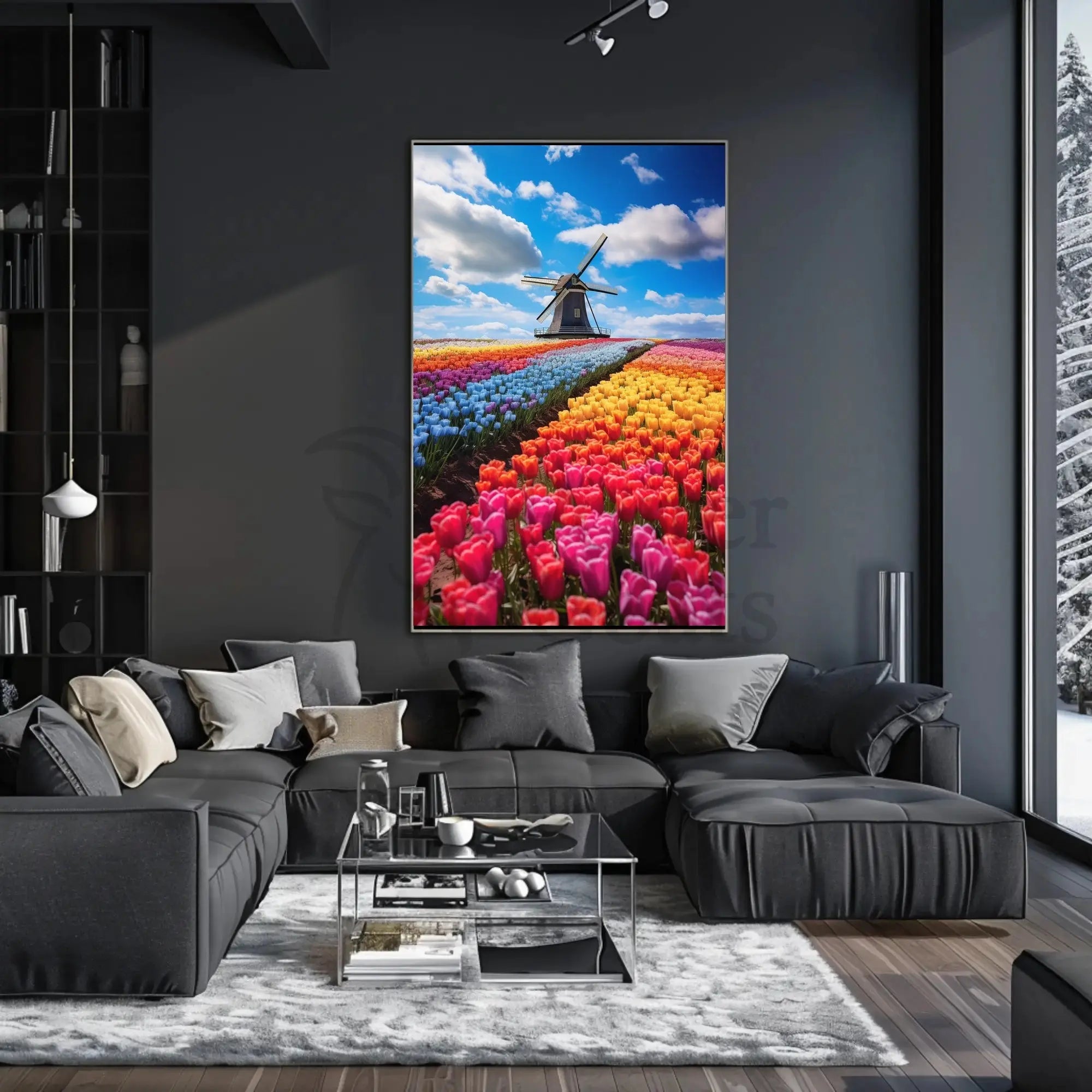 Charming Dutch Windmill in Blooming Tulip Fields Poster PosterGoat