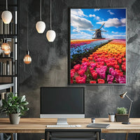Charming Dutch Windmill in Blooming Tulip Fields Poster PosterGoat