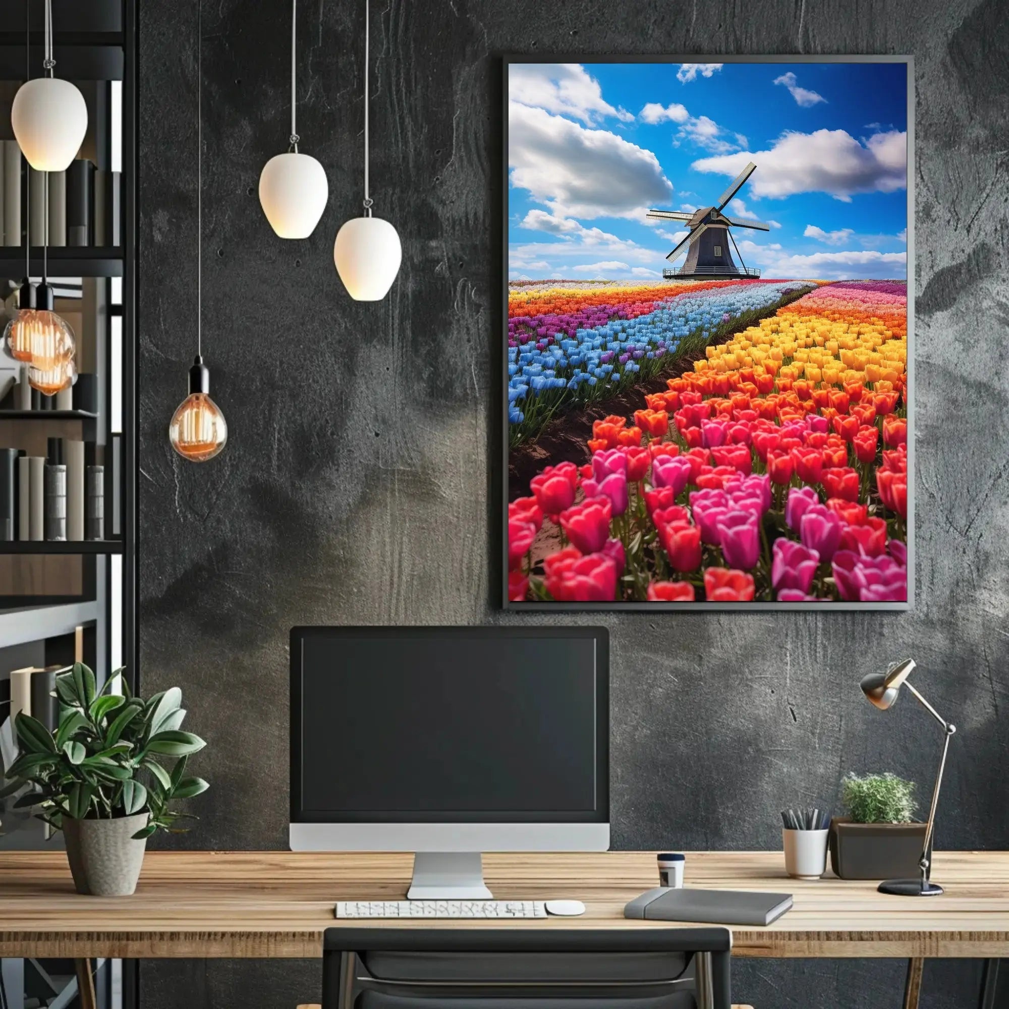 Charming Dutch Windmill in Blooming Tulip Fields Poster PosterGoat
