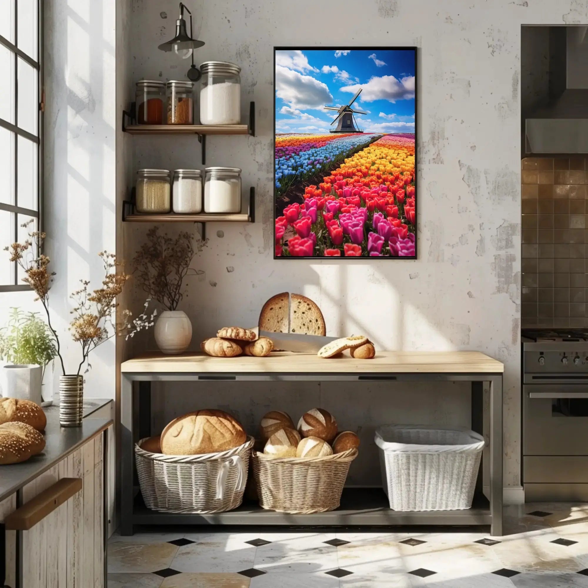 Charming Dutch Windmill in Blooming Tulip Fields Poster PosterGoat