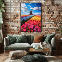 Charming Dutch Windmill in Blooming Tulip Fields Poster PosterGoat