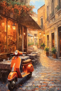 Charming European Street Scene with Orange Scooter Travel Poster PosterGoat