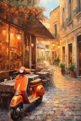 Charming European Street Scene with Orange Scooter Travel Poster PosterGoat