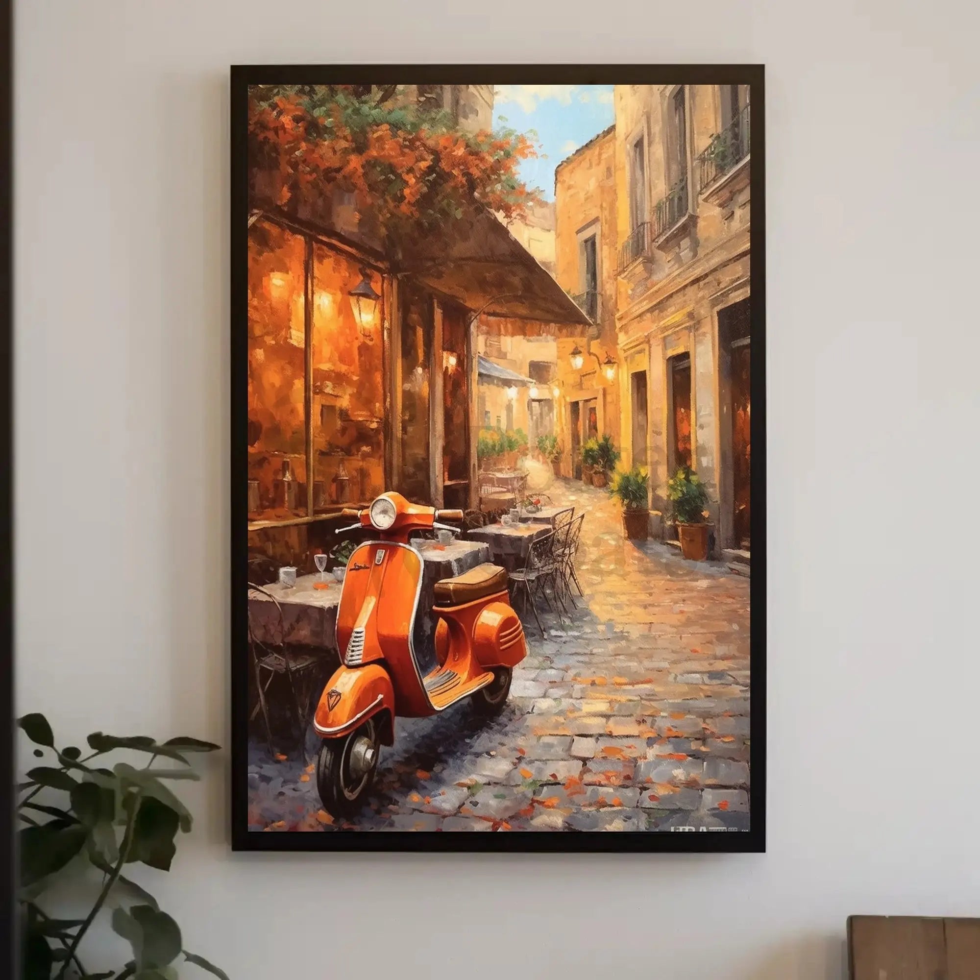 Charming European Street Scene with Orange Scooter Travel Poster PosterGoat