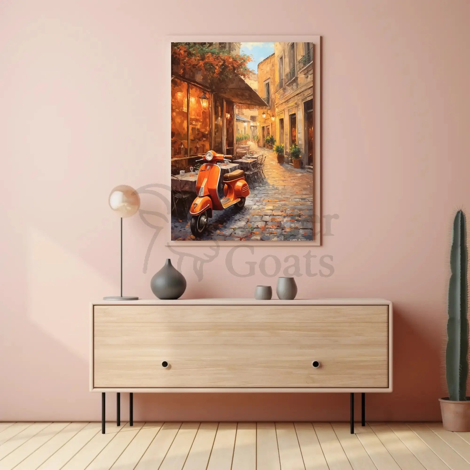 Charming European Street Scene with Orange Scooter Travel Poster PosterGoat