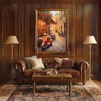 Charming European Street Scene with Orange Scooter Travel Poster PosterGoat
