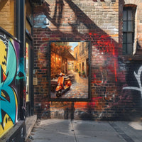 Charming European Street Scene with Orange Scooter Travel Poster PosterGoat