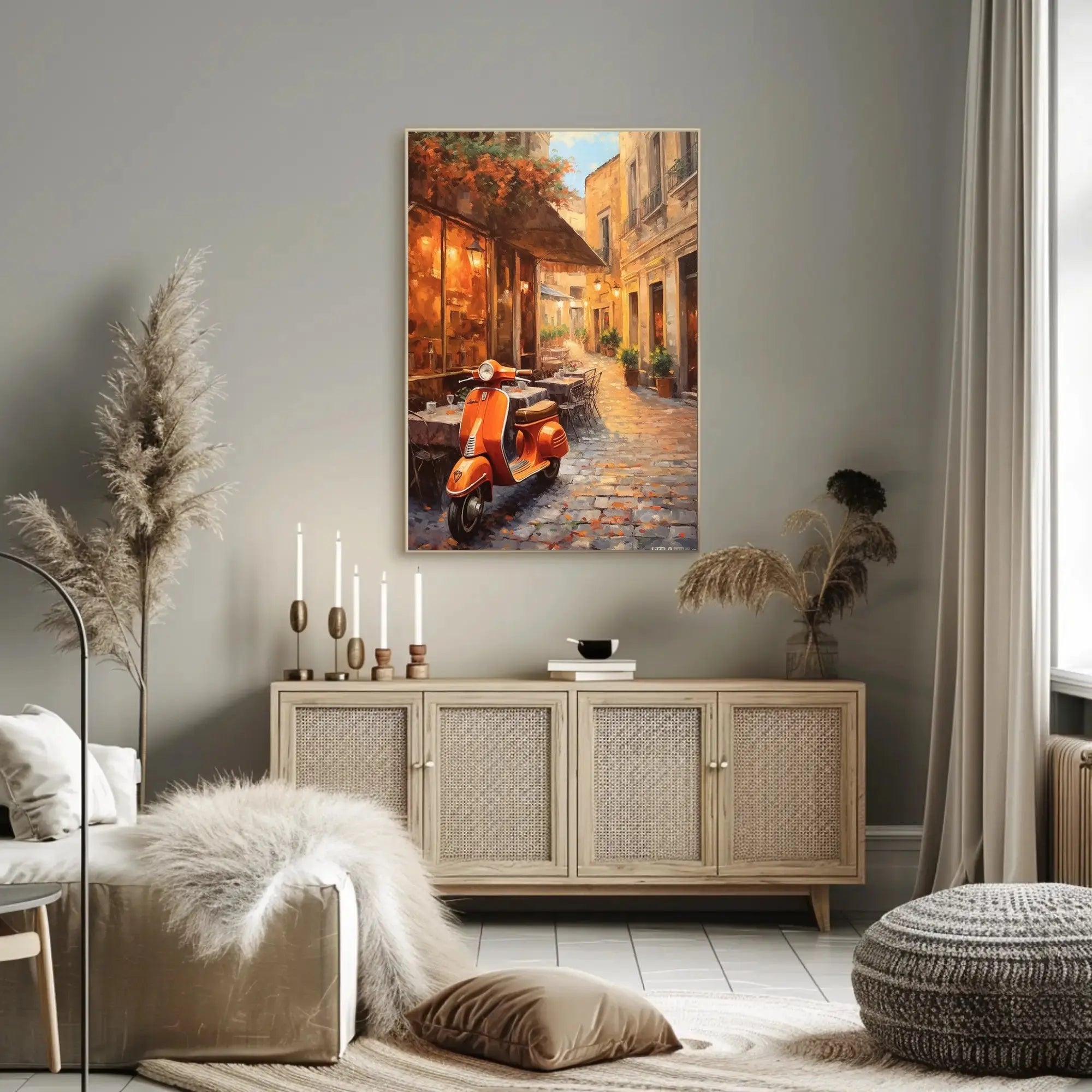 Charming European Street Scene with Orange Scooter Travel Poster PosterGoat
