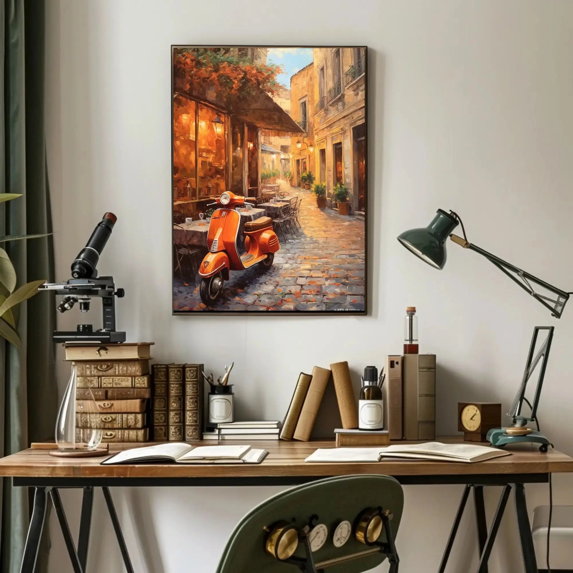 Charming European Street Scene with Orange Scooter Travel Poster PosterGoat