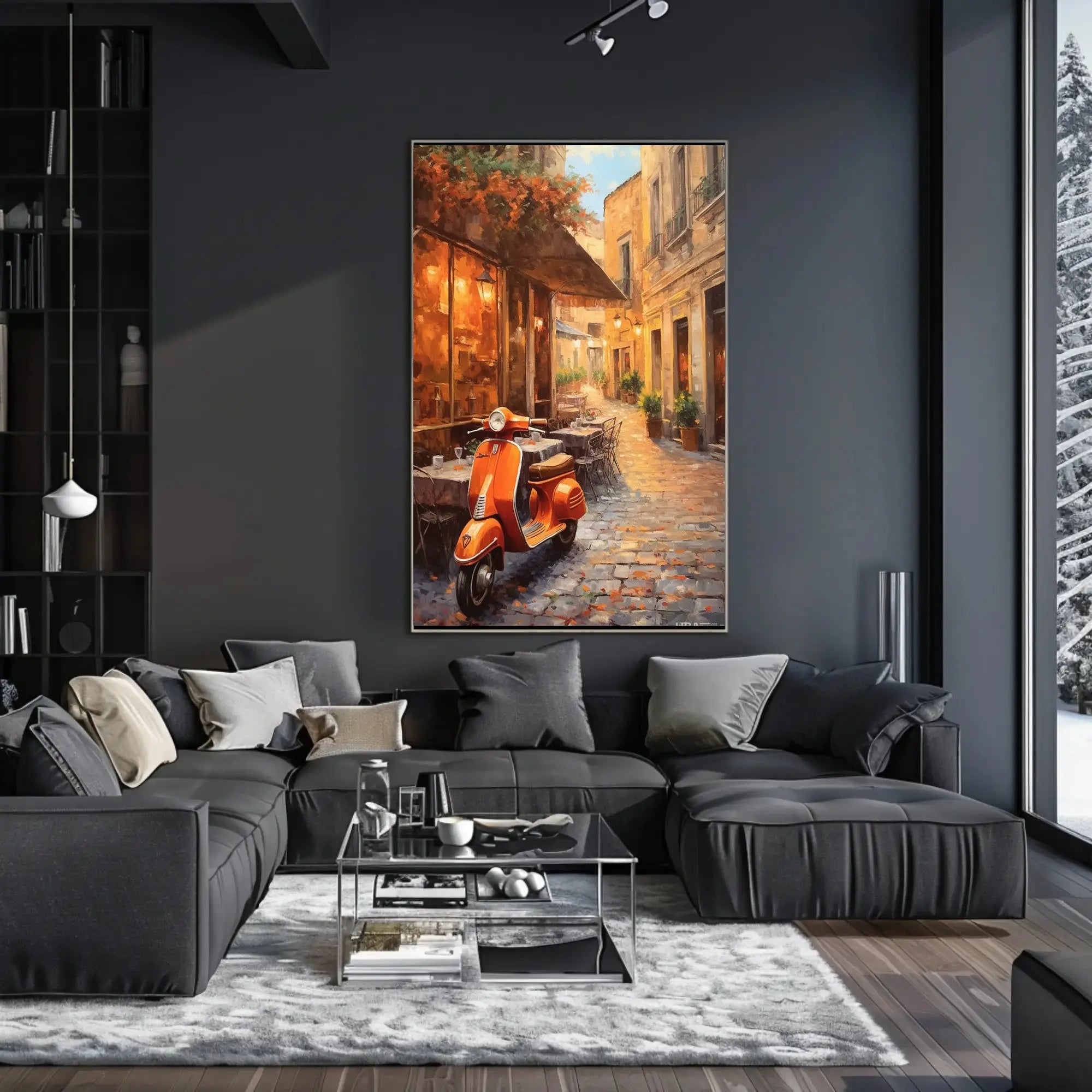 Charming European Street Scene with Orange Scooter Travel Poster PosterGoat