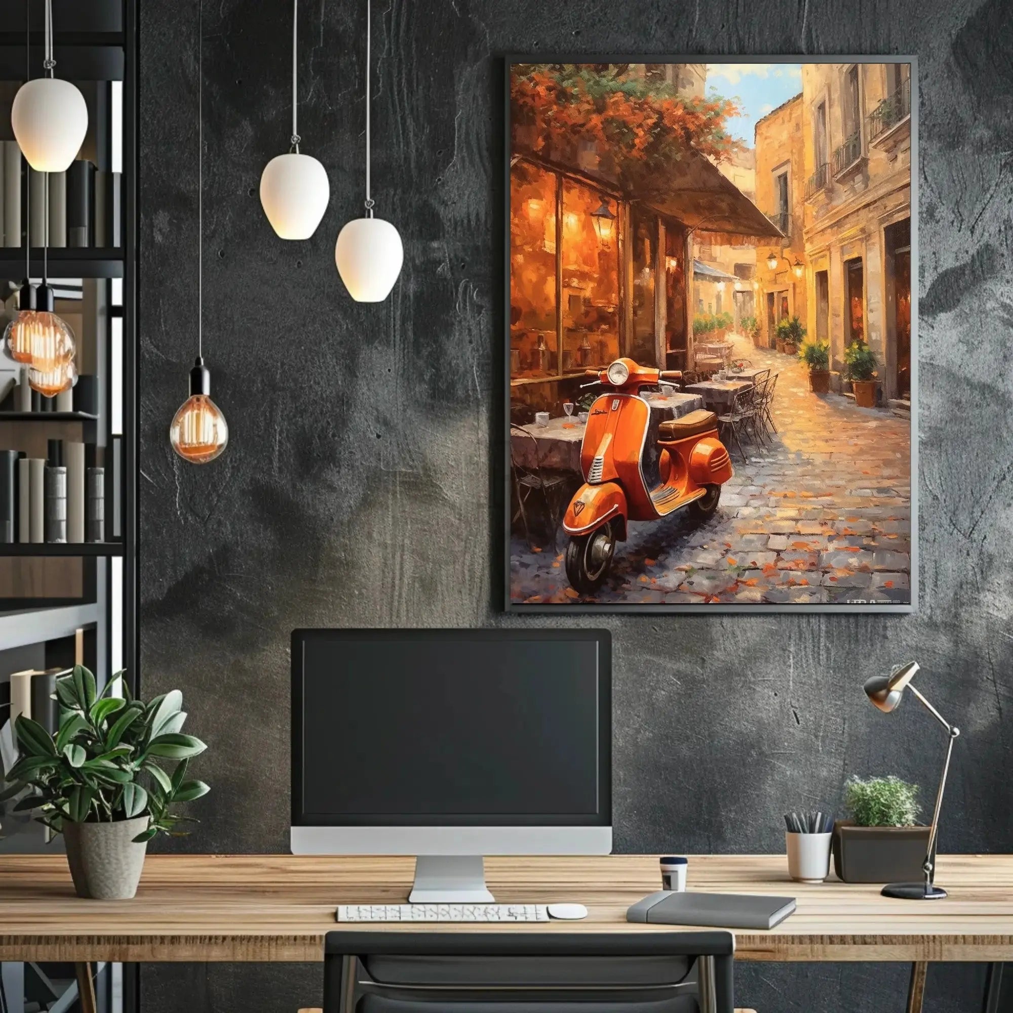 Charming European Street Scene with Orange Scooter Travel Poster PosterGoat
