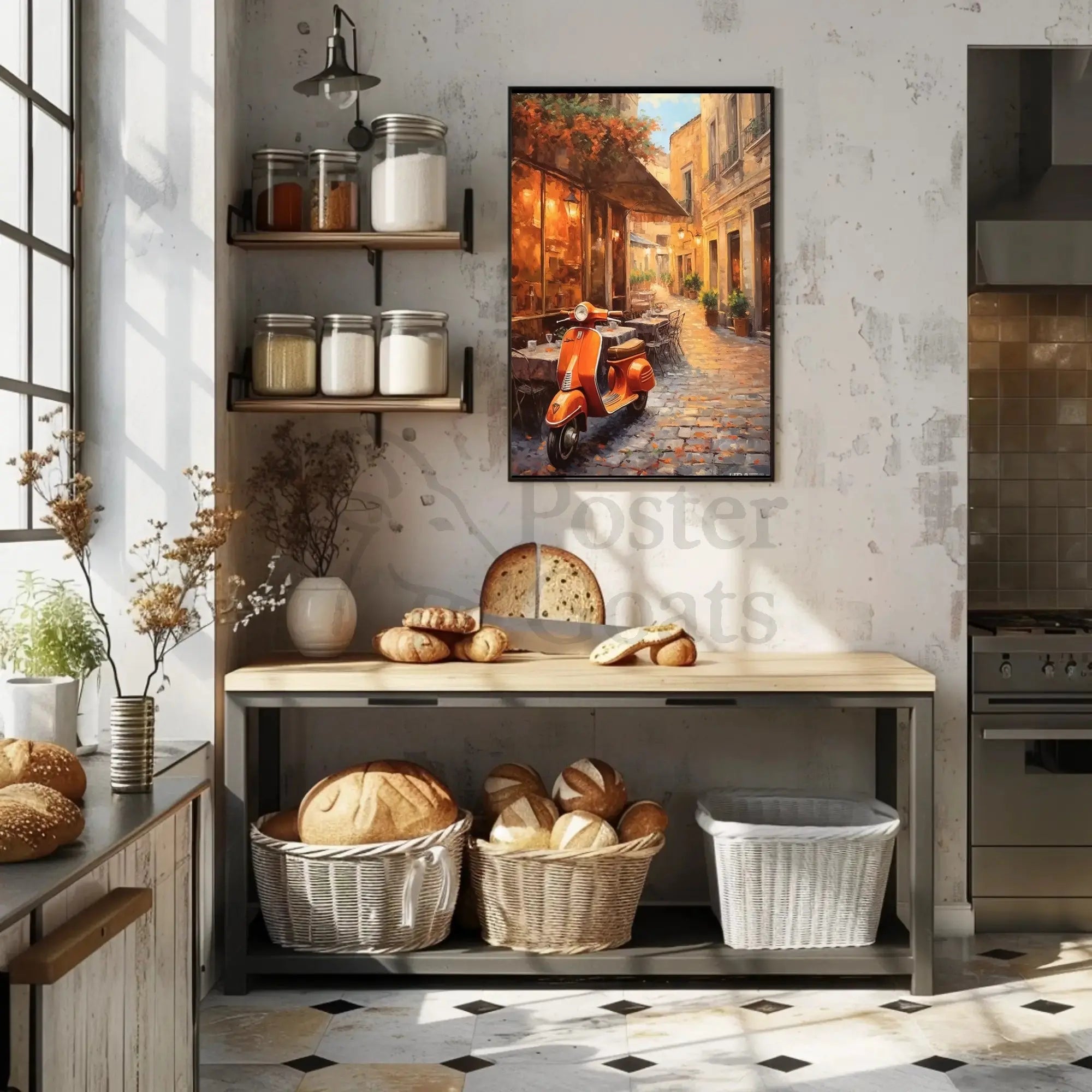 Charming European Street Scene with Orange Scooter Travel Poster PosterGoat