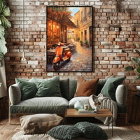 Charming European Street Scene with Orange Scooter Travel Poster PosterGoat