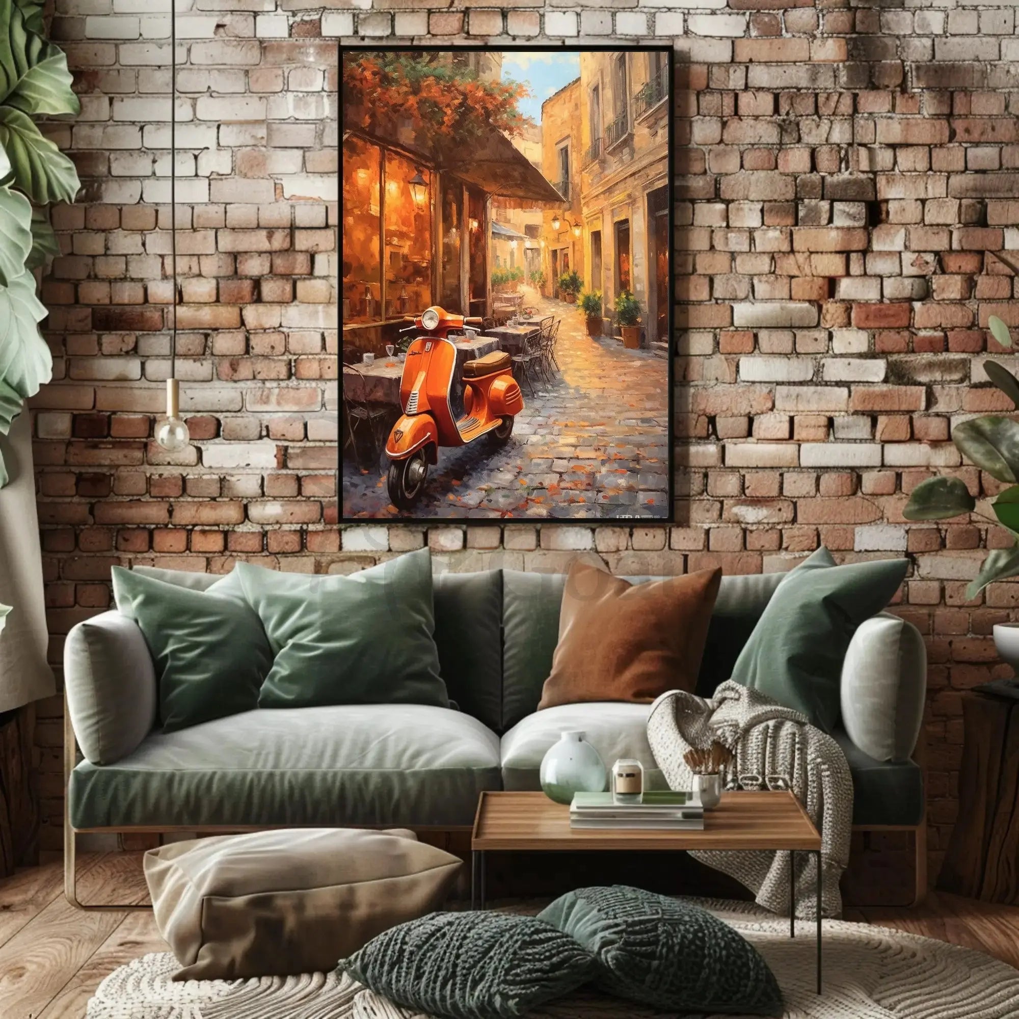 Charming European Street Scene with Orange Scooter Travel Poster PosterGoat