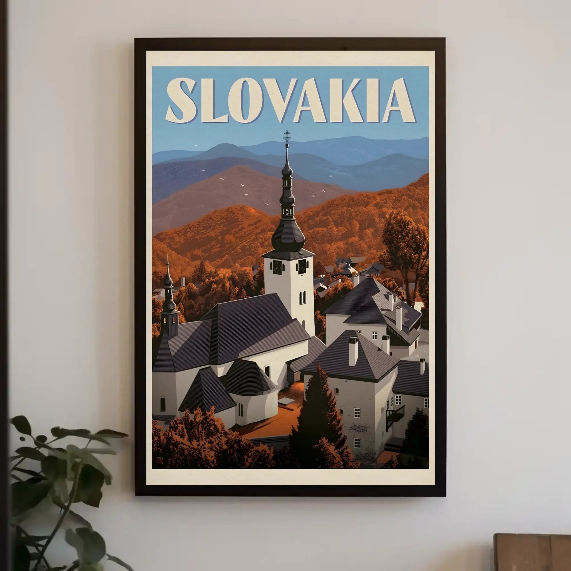 Charming Slovakia Village Scenery in Vintage Travel Poster PosterGoat