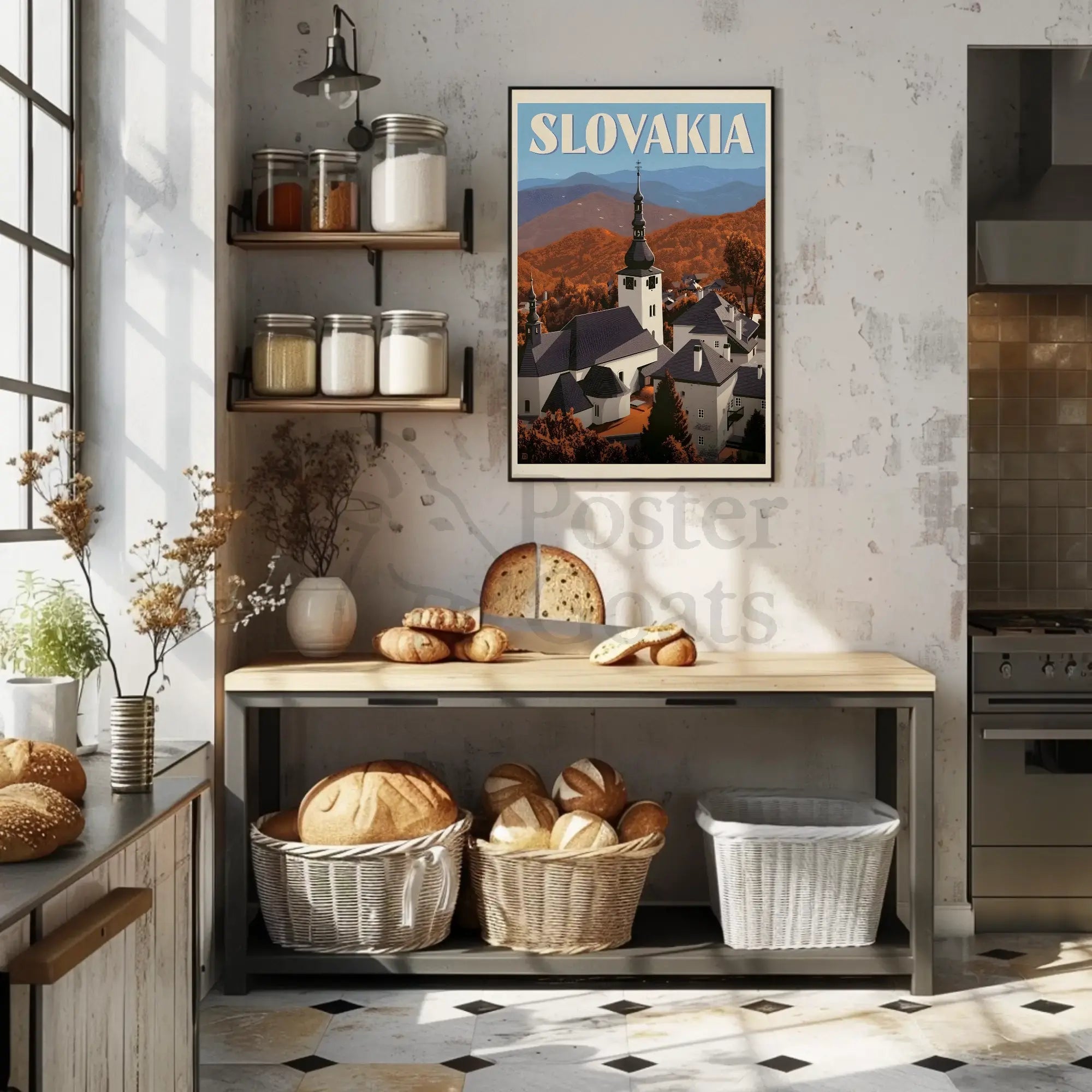 Charming Slovakia Village Scenery in Vintage Travel Poster PosterGoat