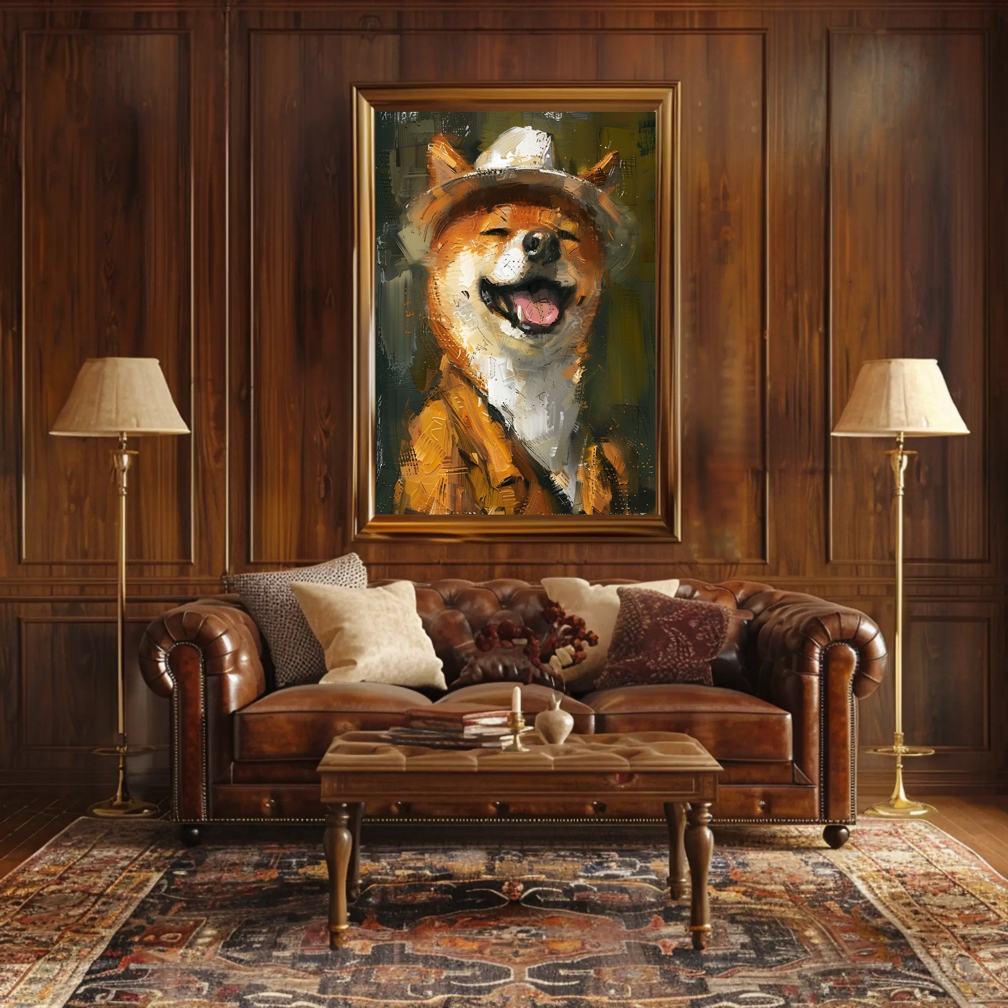 Cheerful Shiba Inu in Fedora and Suit Animal Poster PosterGoat