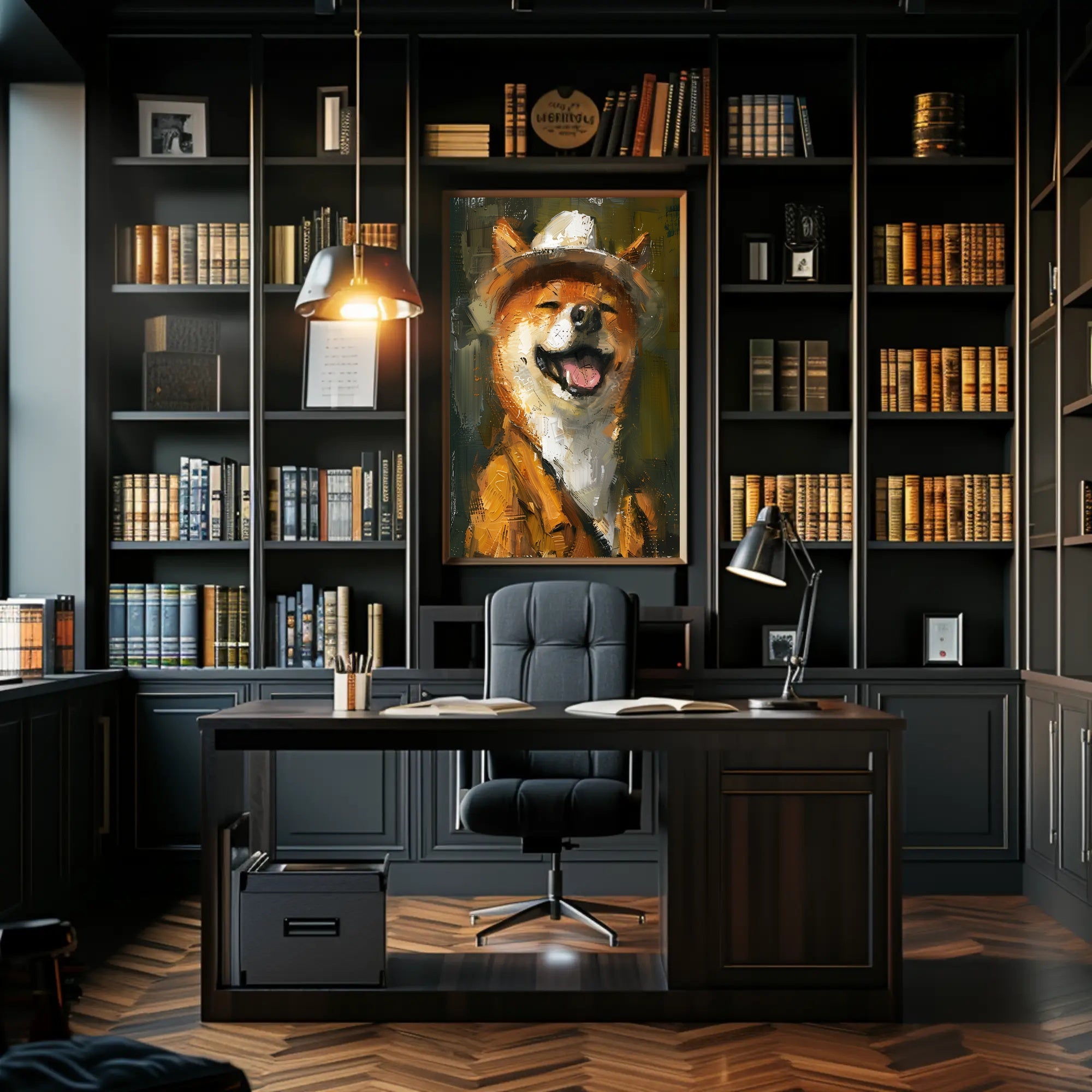 Cheerful Shiba Inu in Fedora and Suit Animal Poster PosterGoat