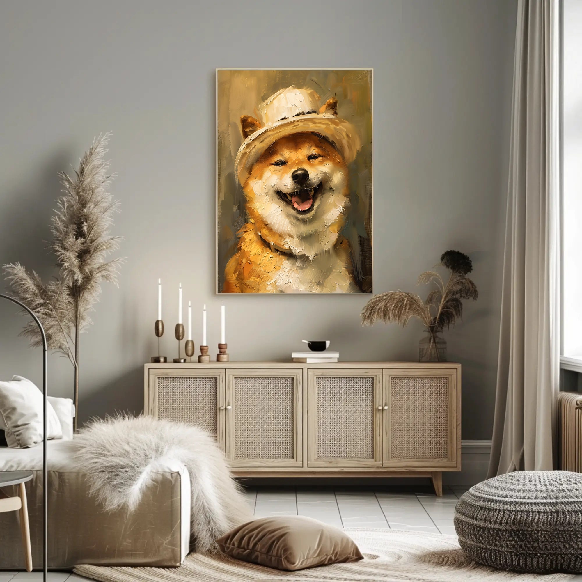 Cheerful Shiba Inu in Stylish Hat Dog Breed Poster PosterGoat