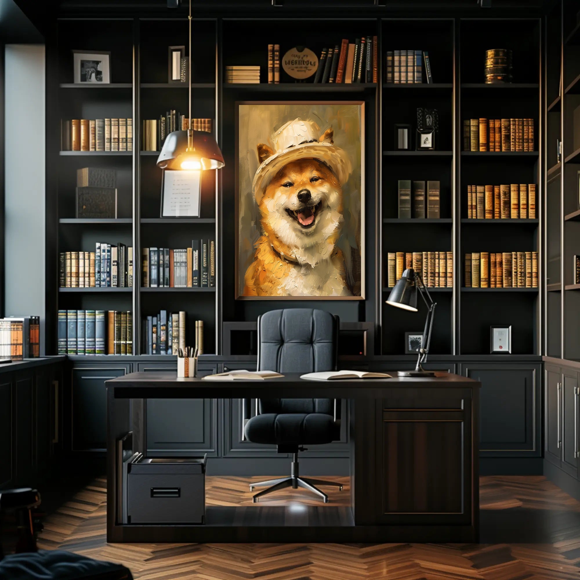 Cheerful Shiba Inu in Stylish Hat Dog Breed Poster PosterGoat