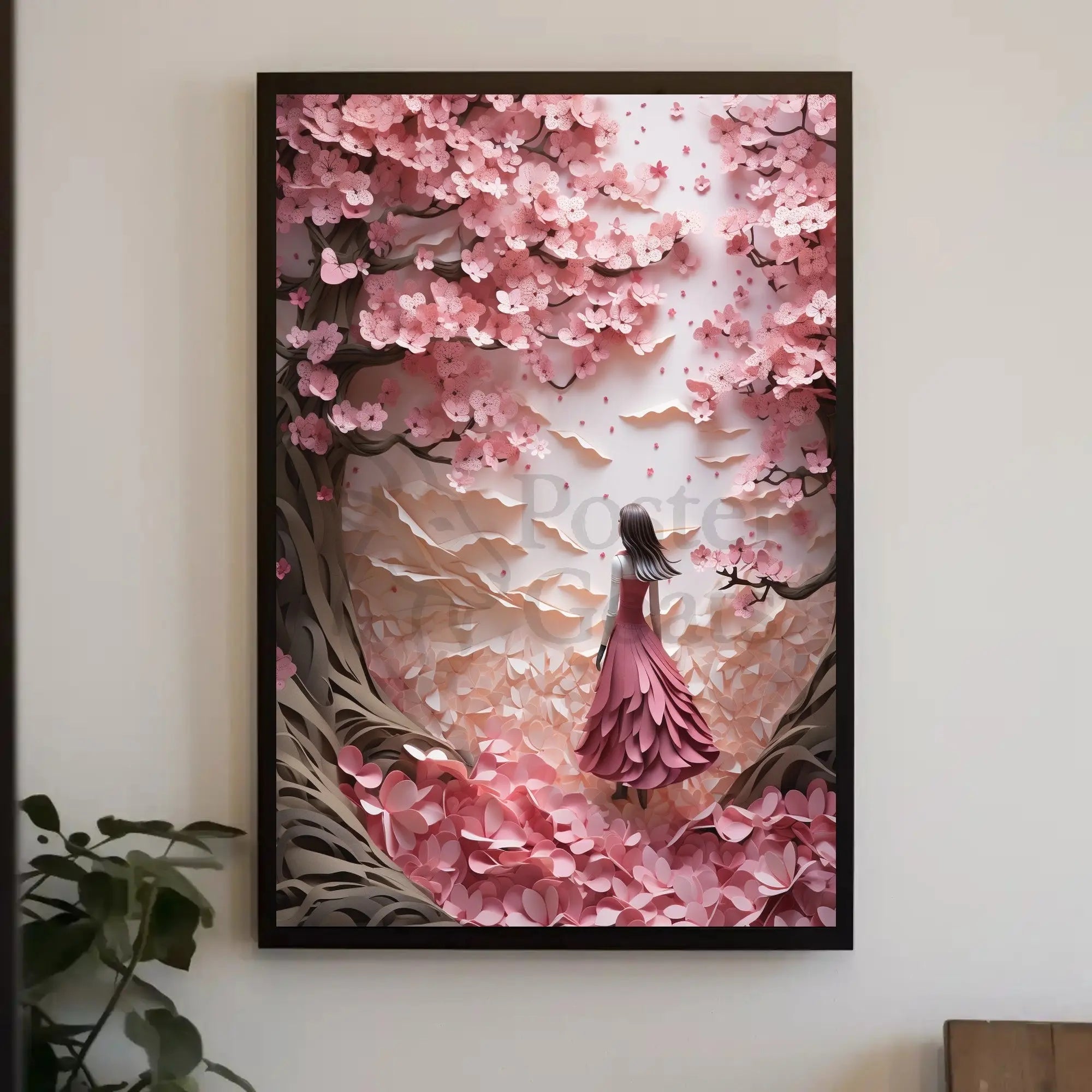 Cherry Blossom Girl Under Dreamlike Trees - Artistic Poster PosterGoat